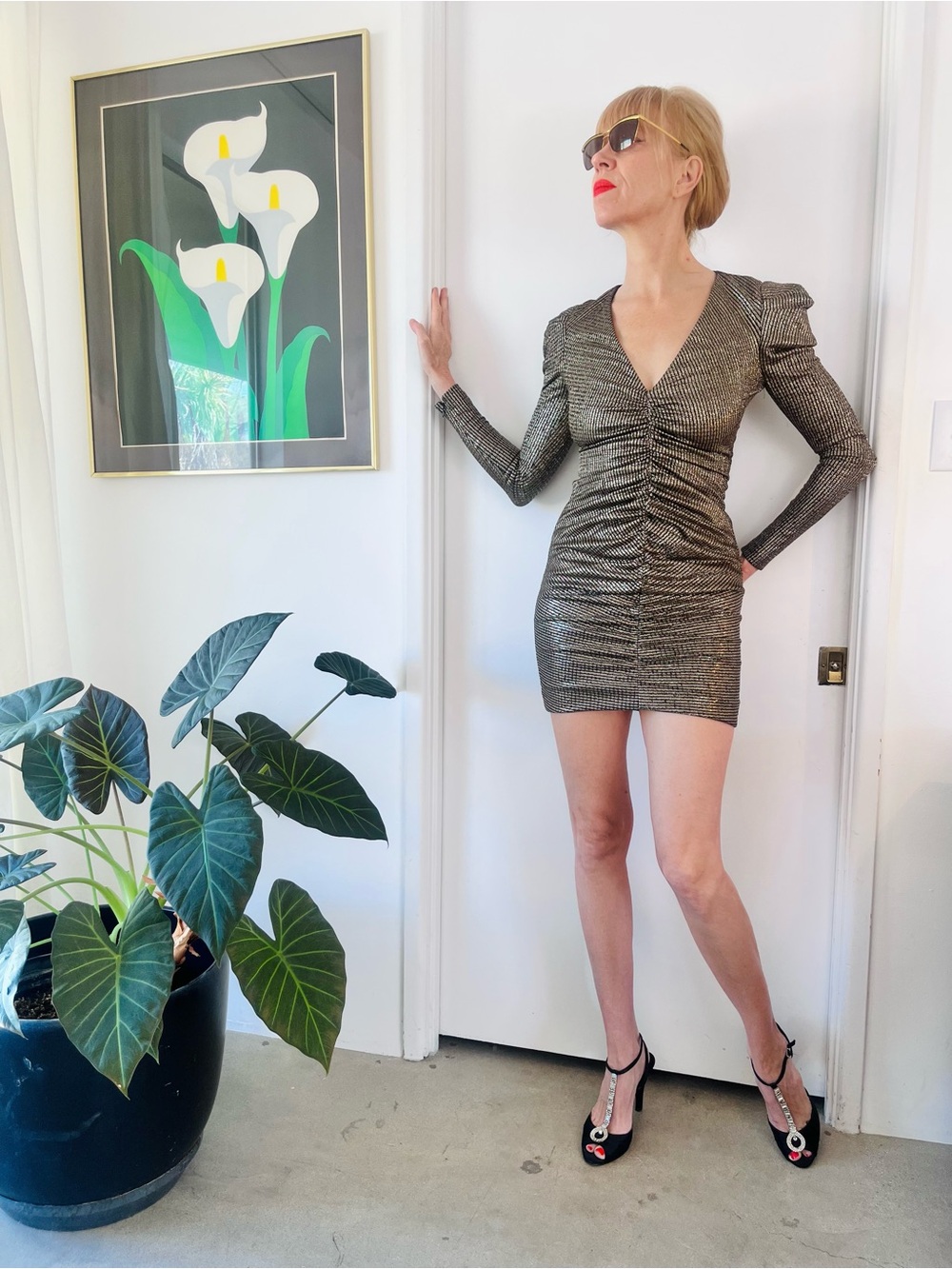 Jonathan Simkhai Metallic Gold Ruched V-Neck Long Sleeve Mini Dress